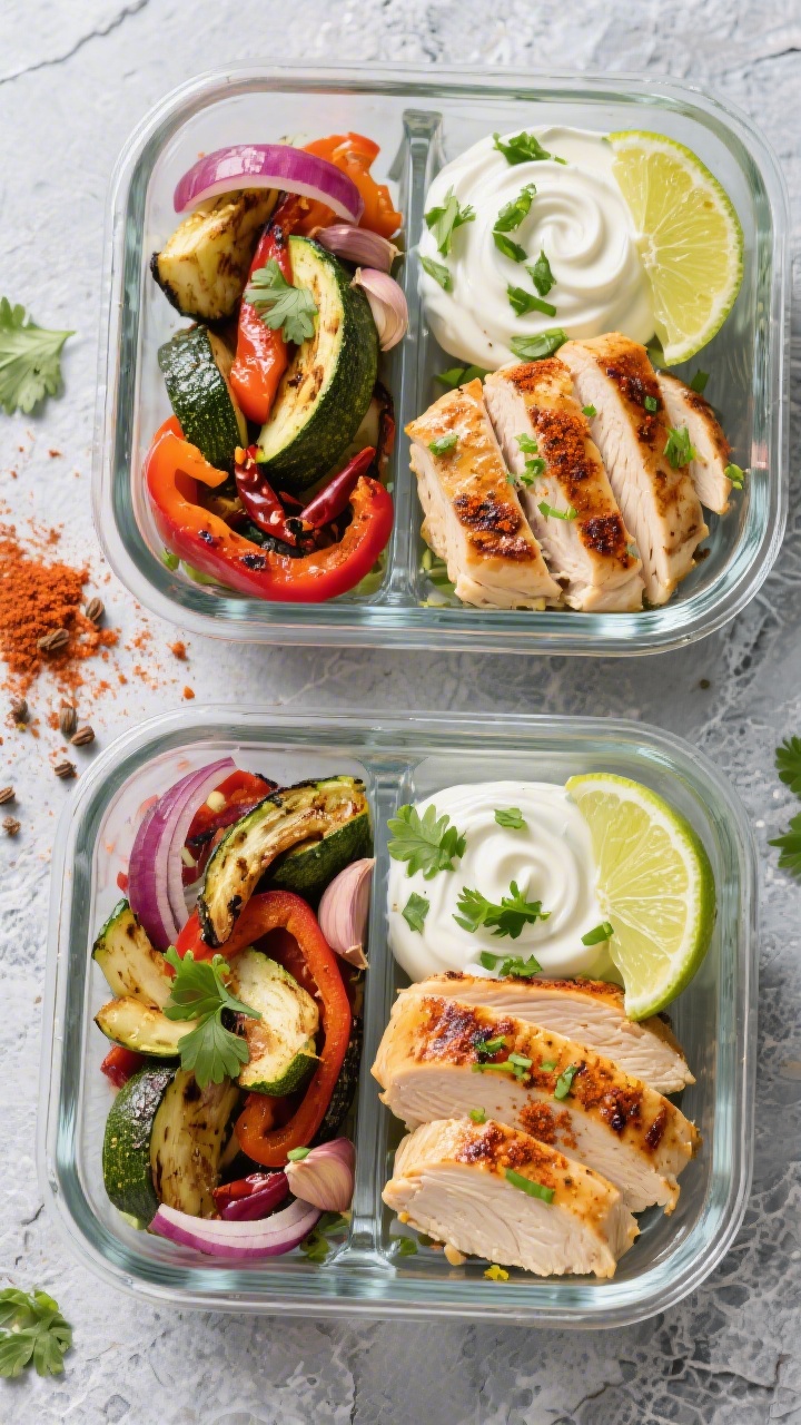 Overhead shot of chili-lime chicken meal prep bowls: sliced grilled chicken breasts brushed with olive oil, fresh lime juice and zest, chili powder, smoked paprika, cumin, and garlic, arranged over roasted mixed veggies (charred bell peppers, zucchini, and red onions) in divided glass containers. Drizzle of cilantro yogurt swirled on top, lime wedges and chopped cilantro scattered, spices sprinkled nearby on a cool gray stone surface, bright, zesty mood, crisp textures, professional studio lighting.