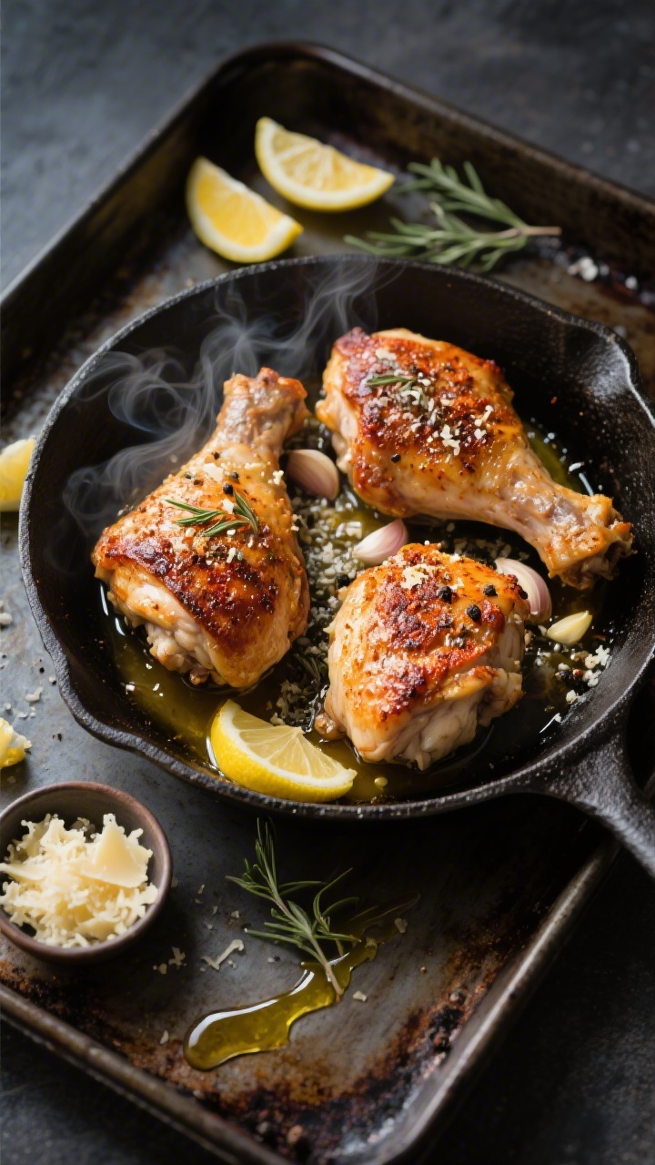 Overhead shot of crispy garlic-parmesan chicken thighs just out of the oven on a cast-iron skillet: bone-in, skin-on thighs with deeply browned, crackling skin dusted with garlic powder, smoked paprika, dried thyme, kosher salt, and black pepper, finished with a glossy lemon-butter drizzle pooling around the edges; scattered lemon wedges, a small bowl of grated Parmesan, and a drizzle trail of olive oil on a dark rustic baking sheet; moody lighting, sharp textures on the blistered skin, steam subtly rising.