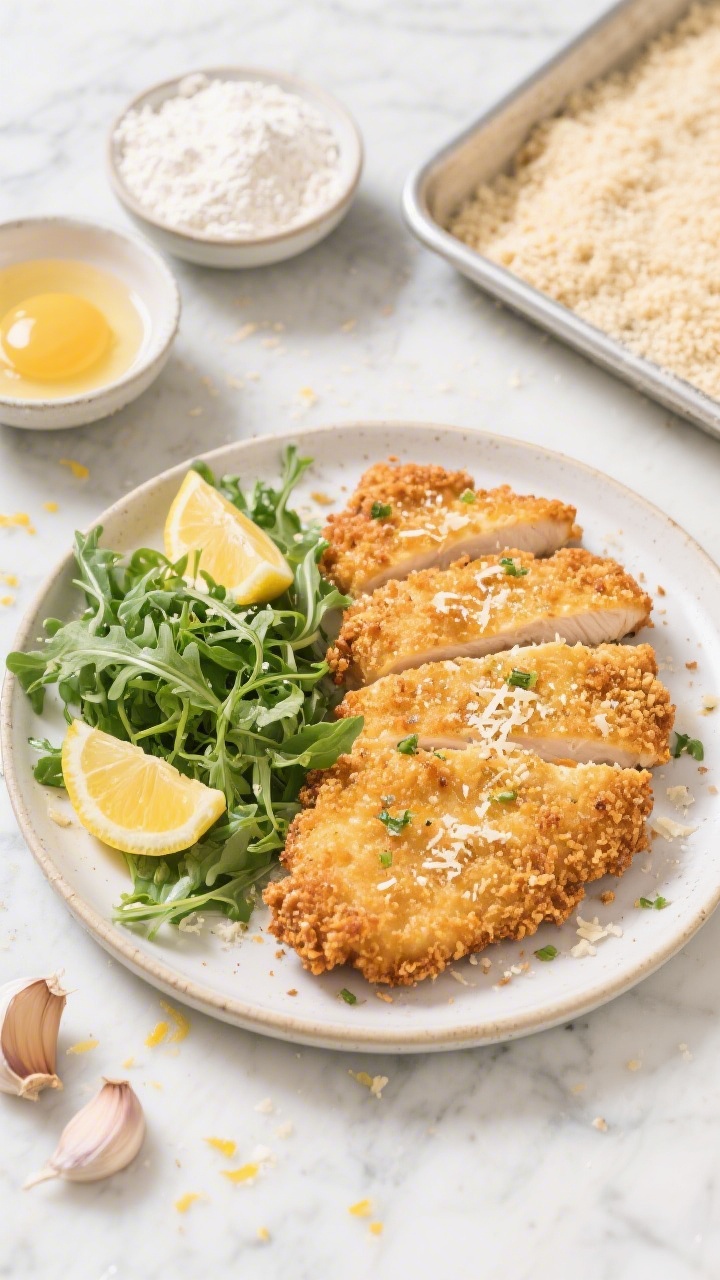 Overhead shot of crispy lemon-garlic chicken cutlets just fried to golden perfection, coated in panko and grated Parmesan with visible flecks, served alongside a bright herby arugula salad lightly dressed with lemon; include halved lemons, smashed garlic cloves, a shallow bowl of flour, a bowl of beaten eggs, and a tray of panko-Parmesan breading to show the dredging setup; styled on a light marble surface with crumbs and zest scattered, clean natural light, high contrast to emphasize crunch.