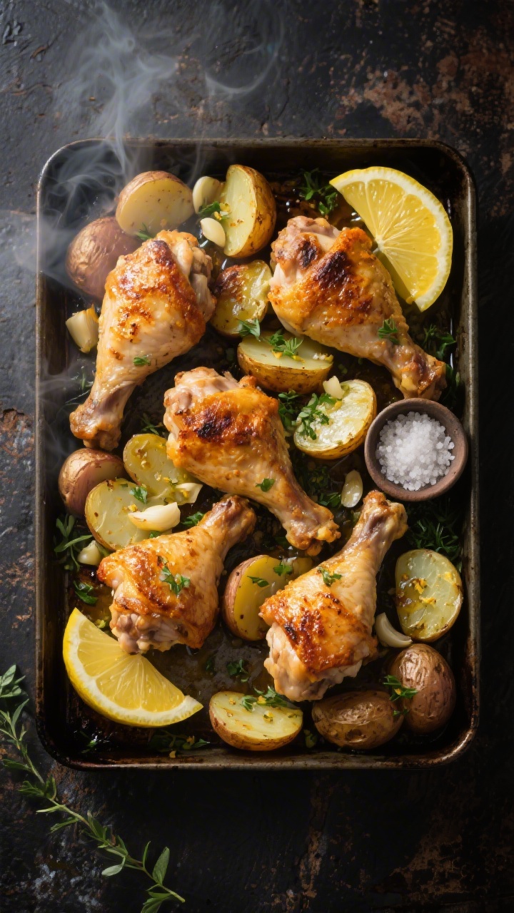 Overhead shot of crispy lemon-garlic chicken thighs just out of the oven: six bone-in, skin-on thighs with blistered golden skin nestled among halved baby potatoes roasted with minced garlic and lemon zest, glistening with olive oil. Lemon wedges and a small dish of flaky salt on the side, fresh chopped herbs scattered over potatoes, moody natural light on a sheet pan over a dark rustic surface, steam subtly rising.