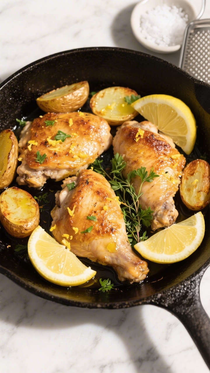 Overhead shot of Lemon Herb Skillet Chicken with Crispy Potatoes sizzling in a black cast-iron skillet: golden-brown boneless skinless chicken thighs nestled among halved baby gold potatoes with deeply crisped edges, glossy from 3 tbsp olive oil; bright lemon zest scattered over top, fresh lemon wedges tucked in, and a drizzle of lemon juice pooling lightly; sprigs of fresh herbs (parsley and thyme) for a bright, buttery, foolproof vibe; styled on a light marble surface with a small dish of flaky salt and a microplane grater dusted with zest; natural daylight, high contrast, sharp textures on crispy potatoes and juicy chicken.