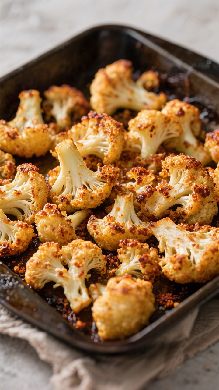 Overhead shot of Smoky Paprika Crunch Cauliflower just out of the oven: golden-browned