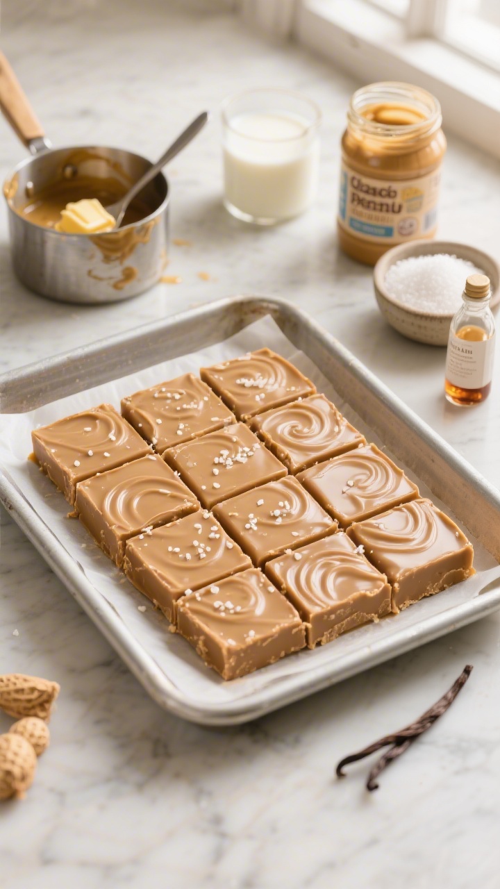 Overhead shot of the final Classic Creamy Peanut Butter Fudge cut into neat squares on a parchment-lined metal pan, glossy and smooth with faint swirl marks, sprinkled lightly with fine sea salt. Include a small saucepan with traces of melted unsalted butter and whole milk in the background, a jar of creamy peanut butter (not natural) with a spoon, granulated sugar in a small bowl, and a bottle of vanilla extract. Warm golden tones, soft window light, shallow depth for appetizing sheen, minimalist styling on a light marble surface.