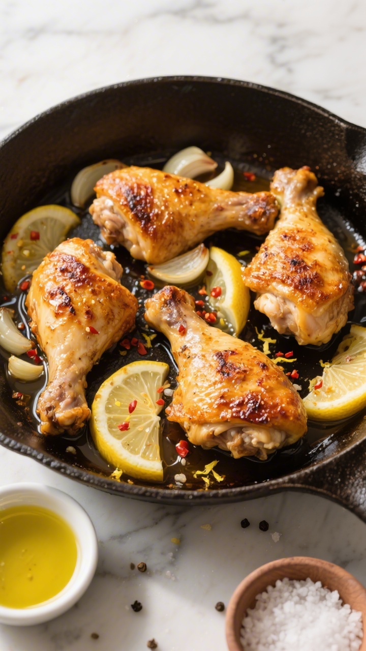 Overhead skillet shot of Crispy Lemon-Garlic Skillet Chicken: four golden, bone-in skin-on chicken thighs with blistered, deeply crisped skin, nestled with thinly sliced garlic and red pepper flakes, deglazed with chicken broth forming glossy pan juices; lemon slices and zest scattered, kosher salt and black pepper visible on the crackling skin; cast-iron skillet on a marble surface with a small bowl of olive oil and a ramekin of flaky salt at the edge; warm, directional light to emphasize crispy texture and glistening fat.