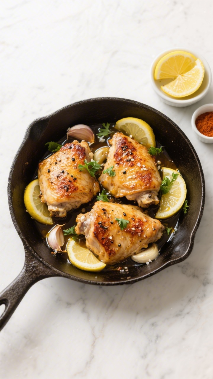 Overhead skillet shot of Weeknight Lemon-Garlic Skillet Chicken: golden-seared boneless chicken thighs sprinkled with kosher salt, black pepper, and smoked paprika, bathed in a glossy lemon-garlic pan sauce with thinly sliced garlic and lemon rounds; olive oil sheen, caramelized edges, a few torn parsley leaves for freshness; cast-iron skillet on a light marble surface with a small bowl of lemon wedges and a ramekin of smoked paprika nearby; bright, zesty mood, high-contrast lighting to emphasize crisped texture and saucy gloss.
