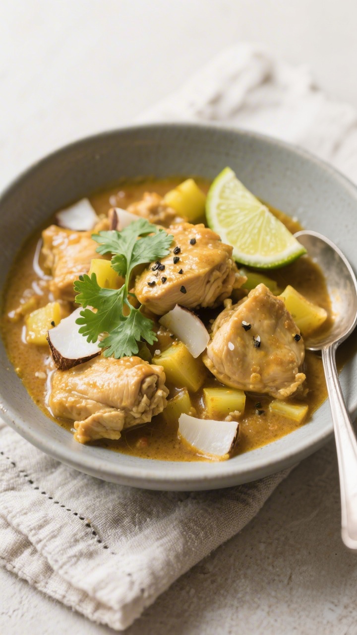Straight-on bowl shot of coconut-lime chicken curry: bite-size boneless chicken thighs simmered in a silky coconut base with diced yellow onion and garlic, seasoned with kosher salt and black pepper, finished bright with fresh lime. The curry is lush and glossy, coconut oil sheen visible, garnished with lime wedges and cilantro. Served in a matte ceramic bowl over a textured linen, spoon resting on the side.