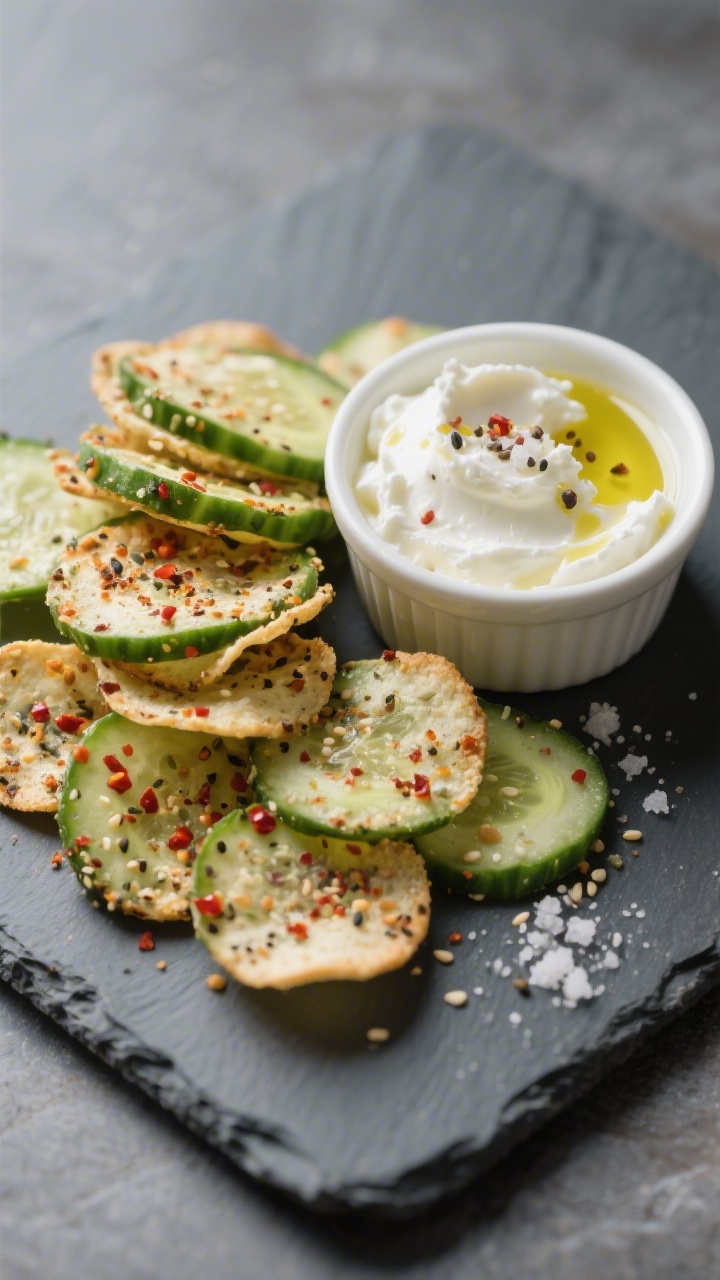 Straight-on close-up of spicy everything bagel cucumber chips with whipped feta: thin English cucumber rounds tossed in avocado oil, coated with everything bagel seasoning and a hint of crushed red pepper; fanned beside a ramekin of ultra-smooth whipped feta topped with a drizzle of olive oil and cracked pepper; salt crystals and sesame/poppy seeds visible on glossy cucumber surfaces; minimalist slate backdrop, snappy, refreshing vibe.