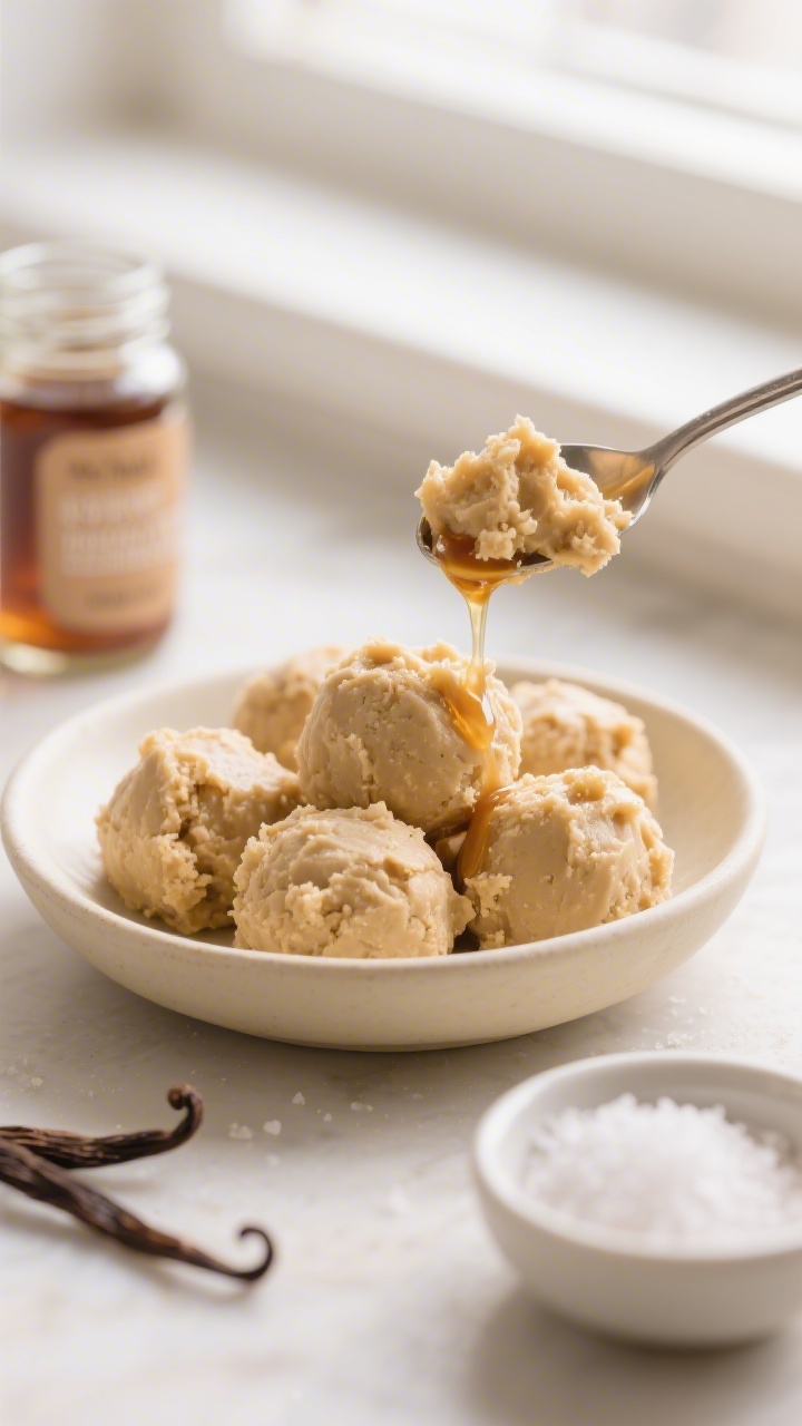 Straight-on cookie-dough aesthetic for No-Bake Peanut Butter Cookie Dough Protein Bites: smooth, pale golden bites with vanilla protein powder and almond flour creating a doughy crumb; a drizzle of maple syrup trailing off a spoon, pinch bowl of fine sea salt, and a jar of vanilla extract in the background; placed in a shallow cream-colored bowl, soft diffused window light, emphasis on creamy, scoopable cookie-dough texture and indulgent, wholesome vibe.