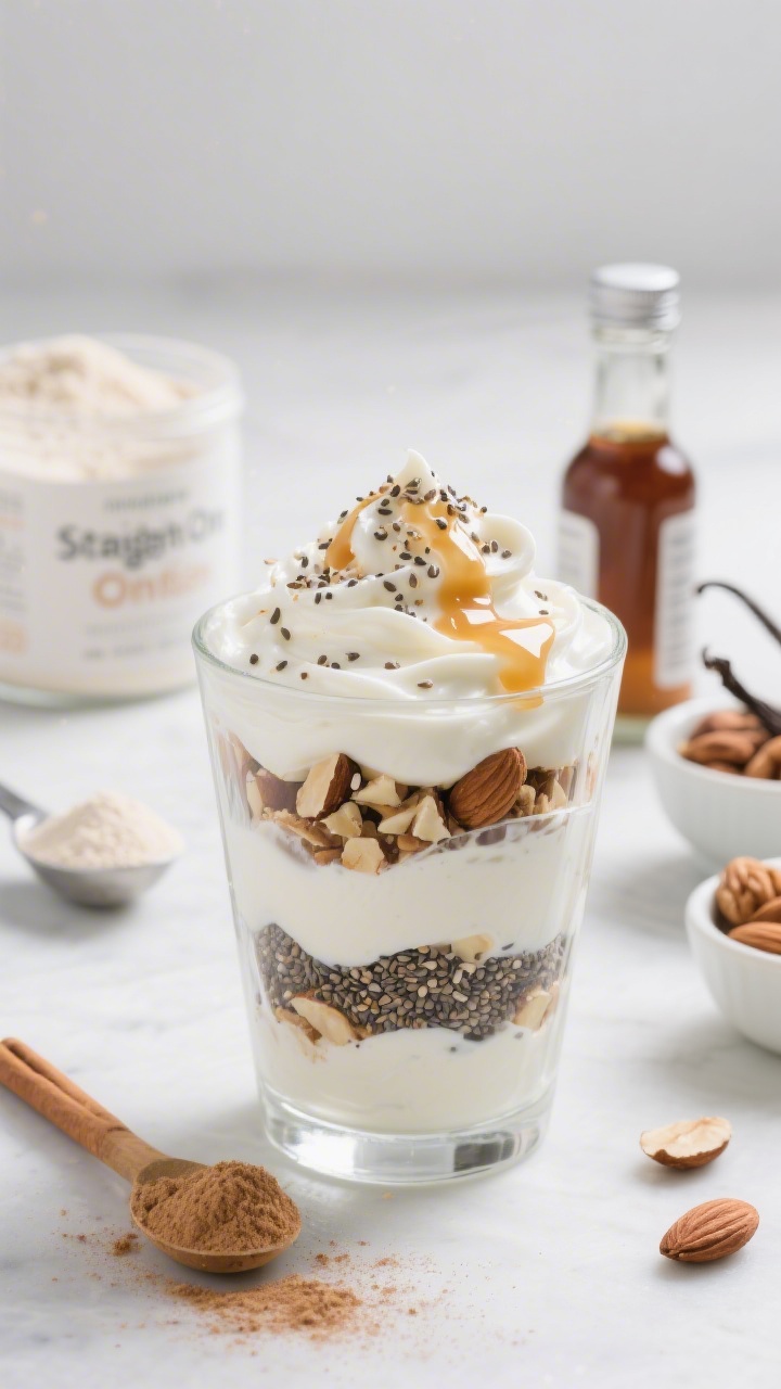Straight-on parfait in a clear glass: thick 5% Greek yogurt whipped with vanilla and whey protein, layered with nutty crunch (chopped almonds and walnuts), chia and flax sprinkles, and a light cinnamon dusting; a drizzle of low-carb sweetener glistening on top; ingredients staged neatly behind—scoop of protein powder, vanilla extract bottle, and small bowls of nuts; clean, bright studio light for a fresh, energizing feel.