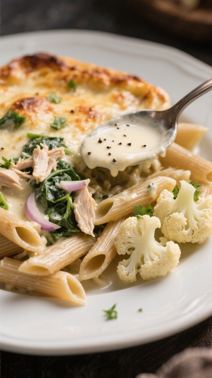 Straight-on plated presentation of a creamy cauliflower “Alfredo” pasta bake: whole-wheat penne folded with silky cauliflower sauce made from sautéed onion and minced garlic in olive oil, blended with low-sodium chicken broth and 2% milk, baked with spinach and shredded chicken until lightly golden on top. Spoon trail revealing creamy texture, flecks of black pepper and parsley, a side dish of extra steamed cauliflower florets, cozy, comforting mood with warm tungsten-style lighting.
