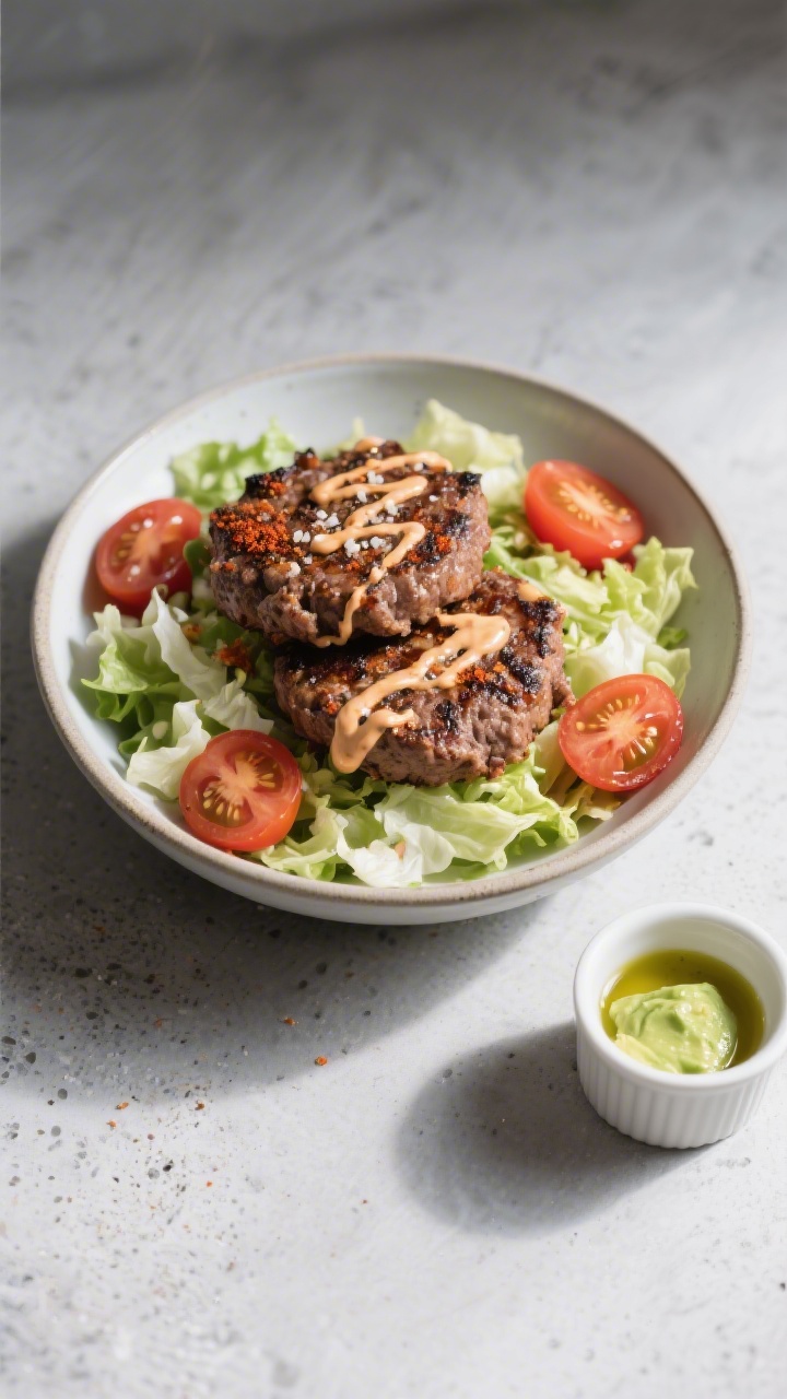 Straight-on plated presentation of bunless smash burger bowls: a wide, shallow bowl layered with chopped romaine/iceberg lettuce, char-crisped craggly-edged 80/20 beef smash patties seasoned with kosher salt, black pepper, garlic powder, and paprika. Toppings include halved cherry tomatoes and a glossy drizzle of “special sauce” in a zigzag. Small ramekin of extra sauce to the side; a thin sheen of avocado oil on the patties catching light. Cool, modern styling on a light concrete surface; high contrast lighting to pop the textures of crisp lettuce and caramelized beef.