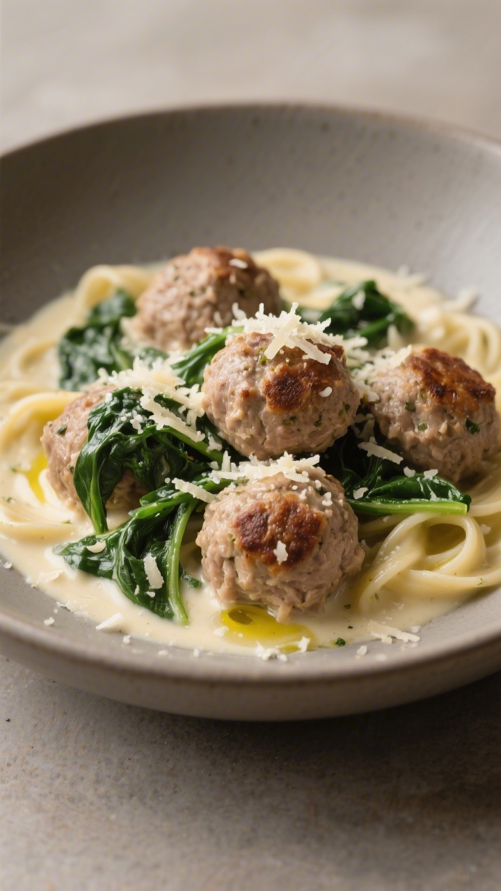 Straight-on plated presentation of Creamy Turkey Meatballs in Spinach Alfredo: tender turkey meatballs (ground turkey mixed with Parmesan, egg, Italian seasoning, garlic powder, salt, pepper) nestled in a silky Alfredo-style sauce with wilted spinach, finished with a drizzle of olive oil. The meatballs show browned edges and specks of Parmesan; the sauce clings luxuriously. Served in a wide, warm-gray bowl with extra grated Parmesan sprinkled over. Neutral moody lighting to emphasize creaminess and texture, shallow depth of field, no people.