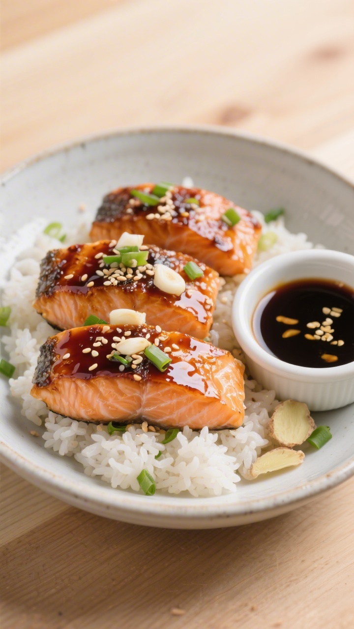 Straight-on plated presentation of lazy salmon teriyaki rice bowls: four lacquered salmon portions, skin-on and caramelized at the edges, glazed with a soy sauce–honey–rice vinegar–sesame oil mix, garnished with grated garlic and a hint of fresh ginger, served over fluffy white rice; sprinkled with sesame seeds and scallions, a small ramekin of extra teriyaki glaze nearby; clean, modern ceramic bowl on a light wood surface, glossy highlights on the glaze for appetizing shine.