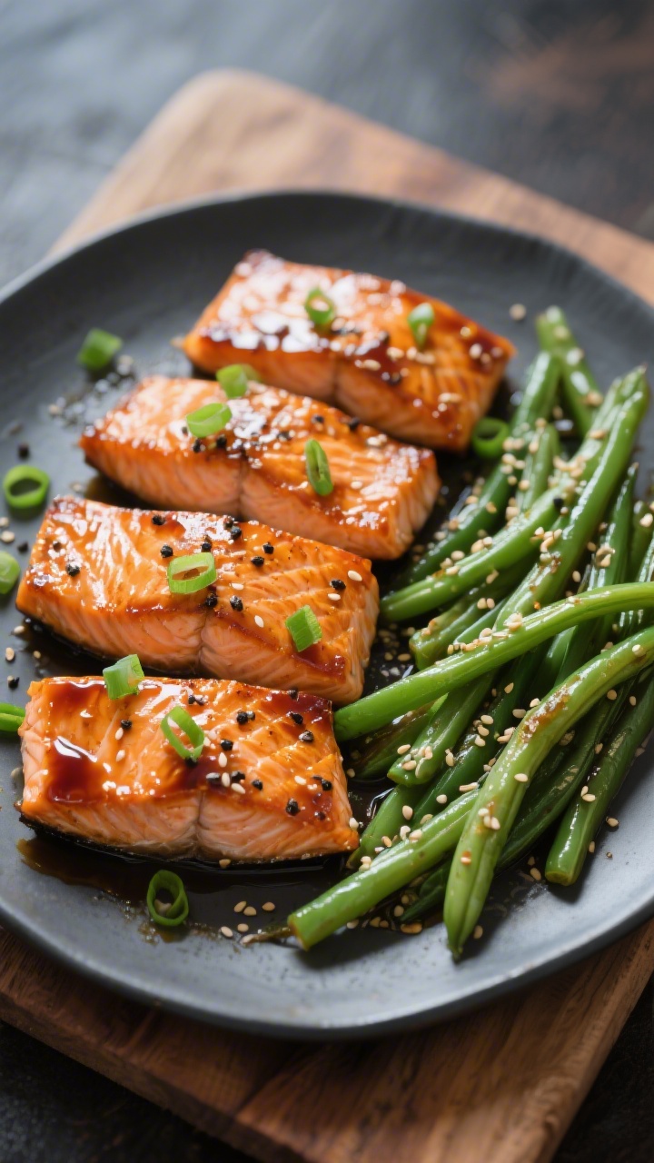 Straight-on plated presentation of sheet-pan teriyaki salmon with sesame green beans: four glistening, lacquered skin-on salmon fillets with caramelized teriyaki edges, arranged alongside crisp-tender green beans tossed in neutral oil and sprinkled with toasted sesame seeds; thinly sliced green onions scattered over fish, black pepper flecks visible; served on a matte charcoal platter over a wooden board, catchlights accentuating the glaze.