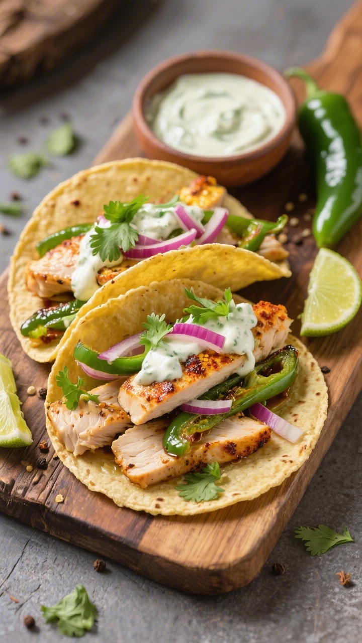 Street-taco style plated scene, 45-degree angle: creamy poblano-lime chicken tacos on warm corn tortillas, thinly sliced seared chicken seasoned with kosher salt, black pepper, chili powder, and cumin, sautéed in olive oil with strips of blistered poblano pepper; drizzled with a tangy lime crema, scattered cilantro and thin red onion, lime wedges on the side; styled on a rustic wooden board with a small bowl of crema and a halved poblano, vibrant, fresh, and inviting.