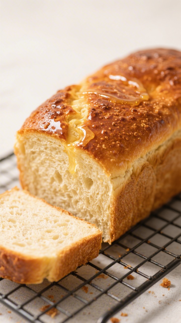 Close-up detail: Golden-brown sandwich loaf just out of the oven on a wire rack, crust brushed with 
