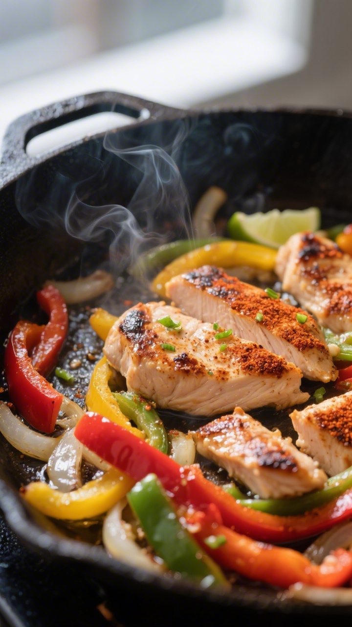 Cooking process, close-up detail: Sizzling chicken fajita strips searing in a very hot cast-iron ski